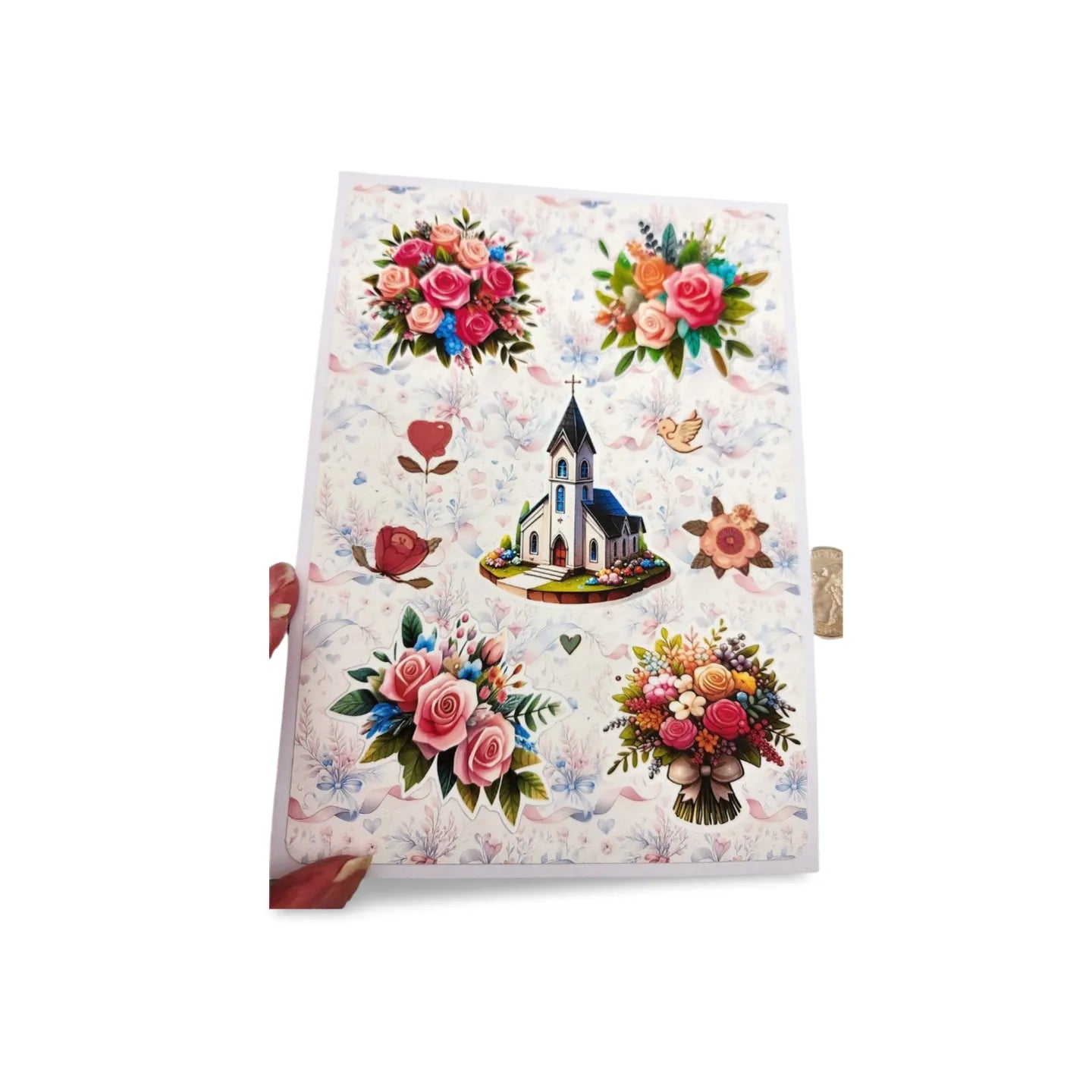 Product packaging with floral designs and a church illustration on a white background