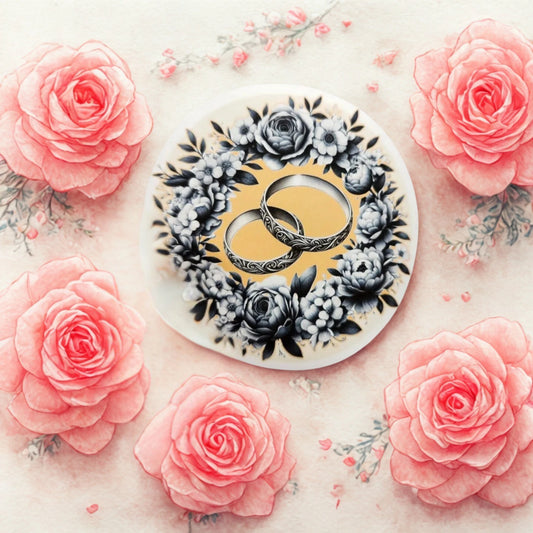 Round decorative item with floral design and rings held by a hand on a white background