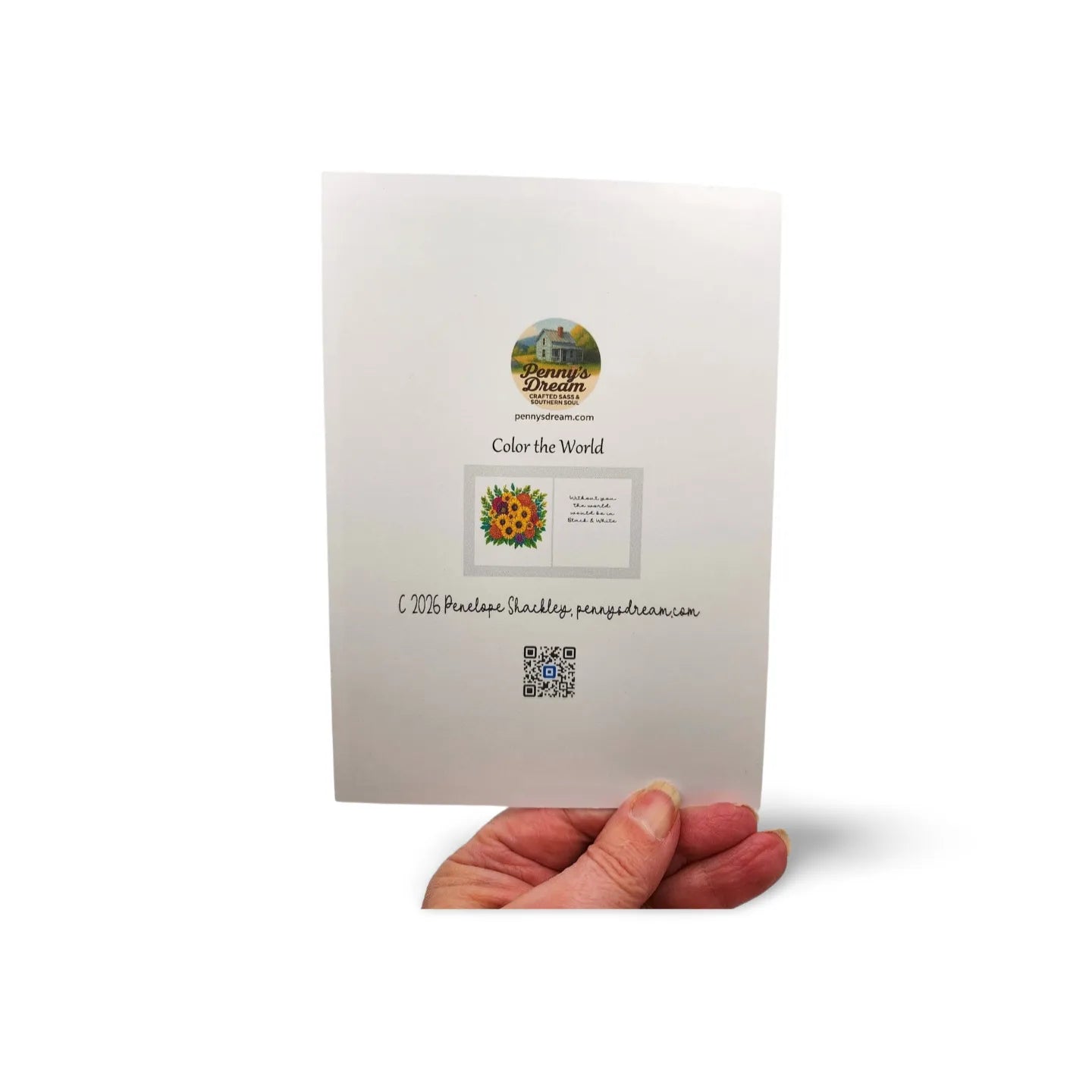 Hand holding a white card with a sunflower design and text on a white background
