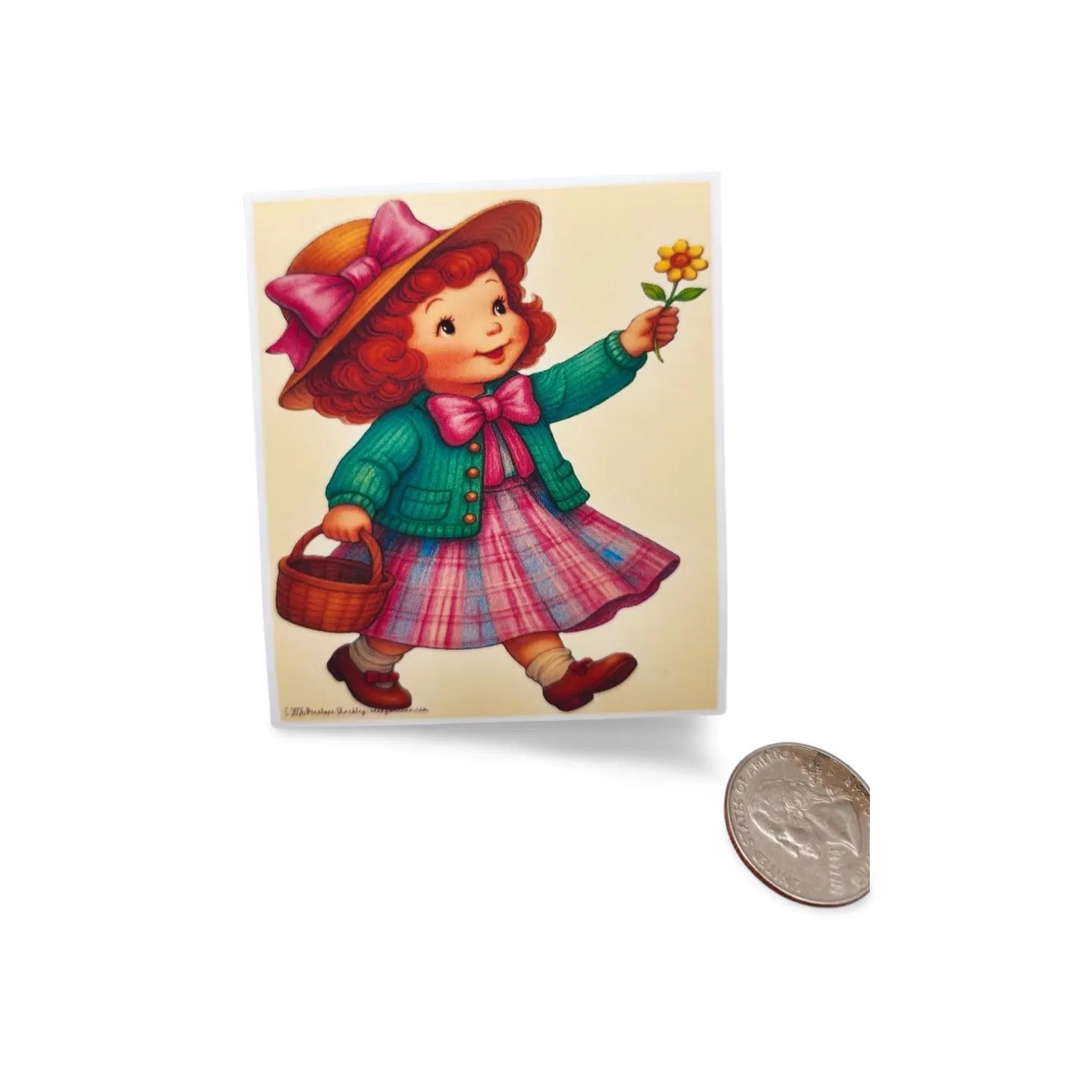 Illustration of a girl in a green coat and red hat holding a flower, with a coin for scale on a white background.