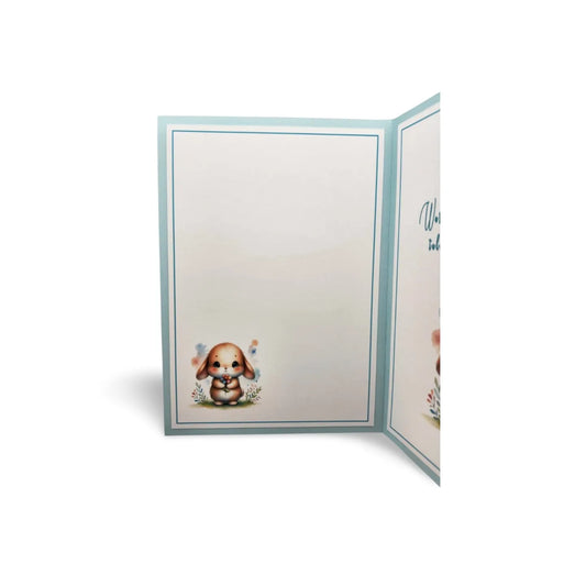 Open card with a cute animal illustration on a white background