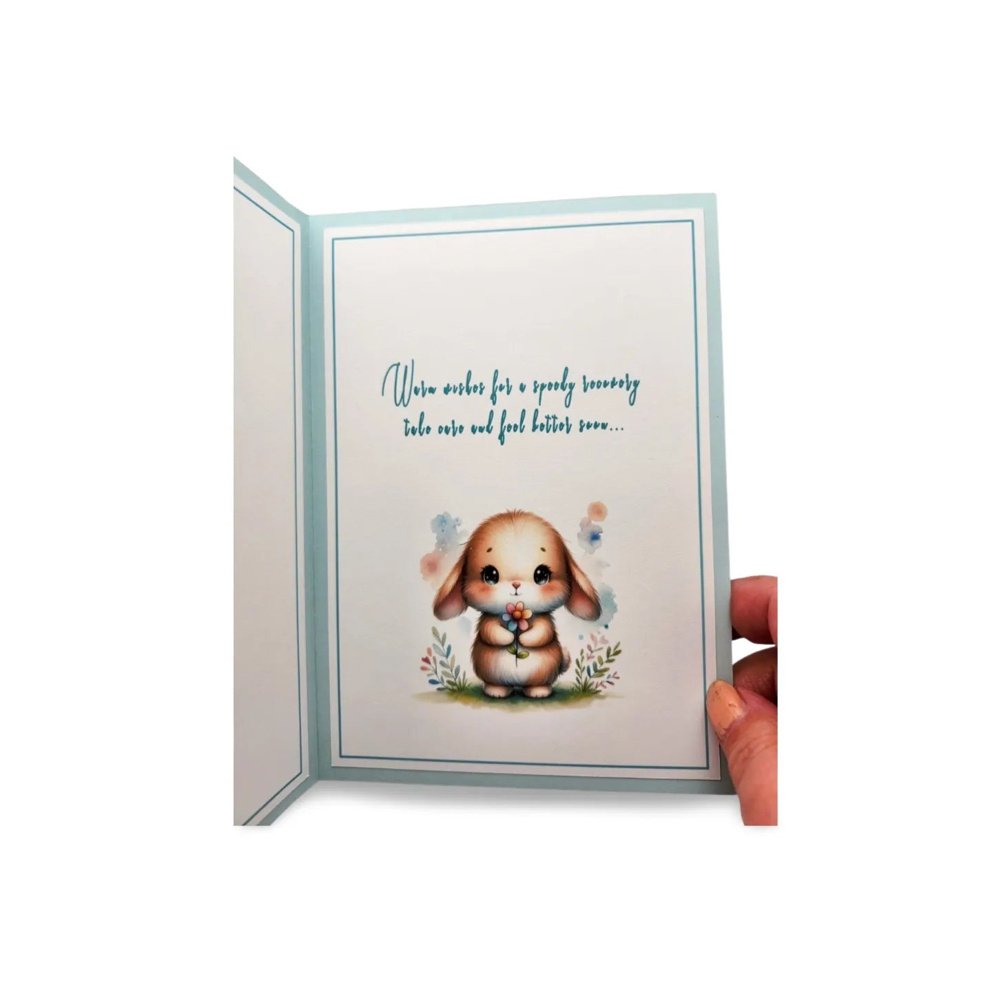 Greeting card with a cute bunny illustration and text on a white background