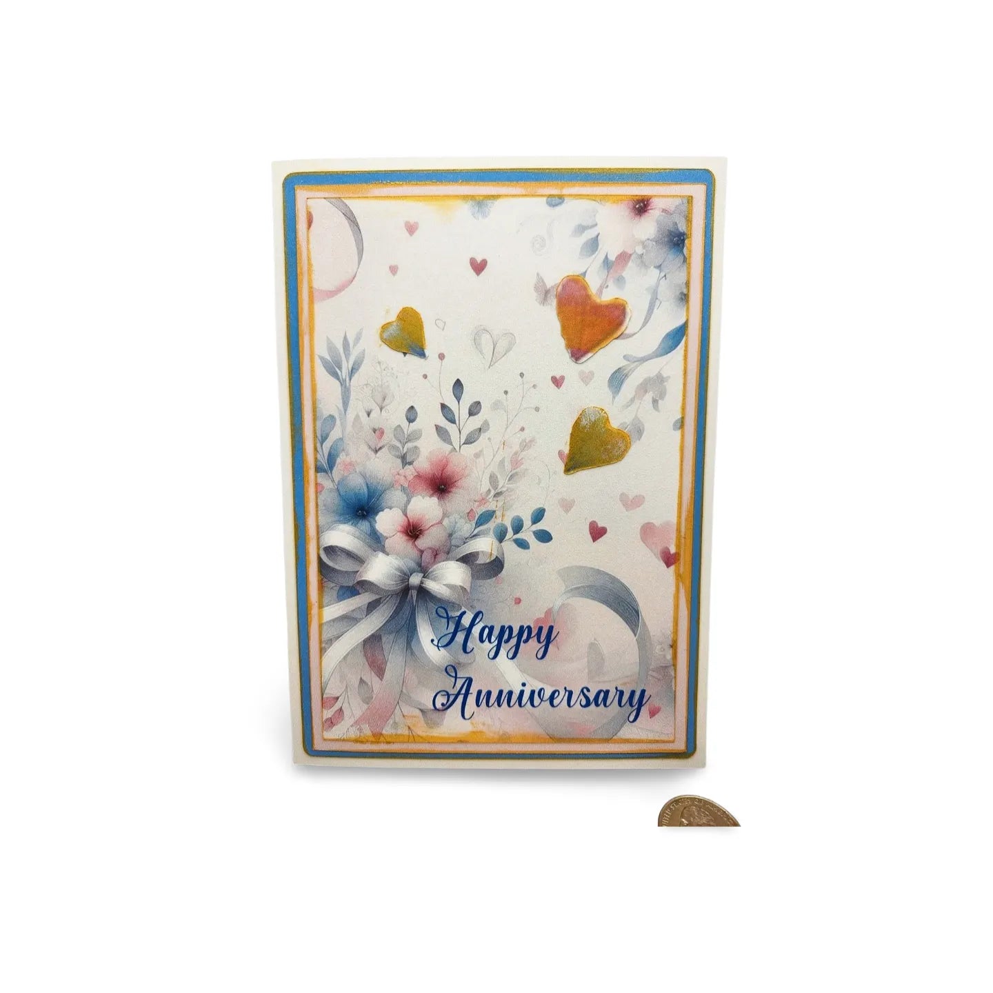 Greeting card with floral design and 'Happy Anniversary' text on a white background
