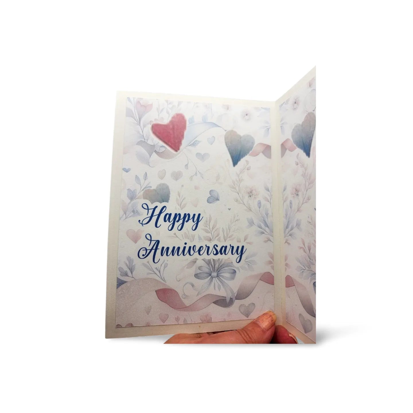 Greeting card with 'Happy Anniversary' text and heart designs on a white background