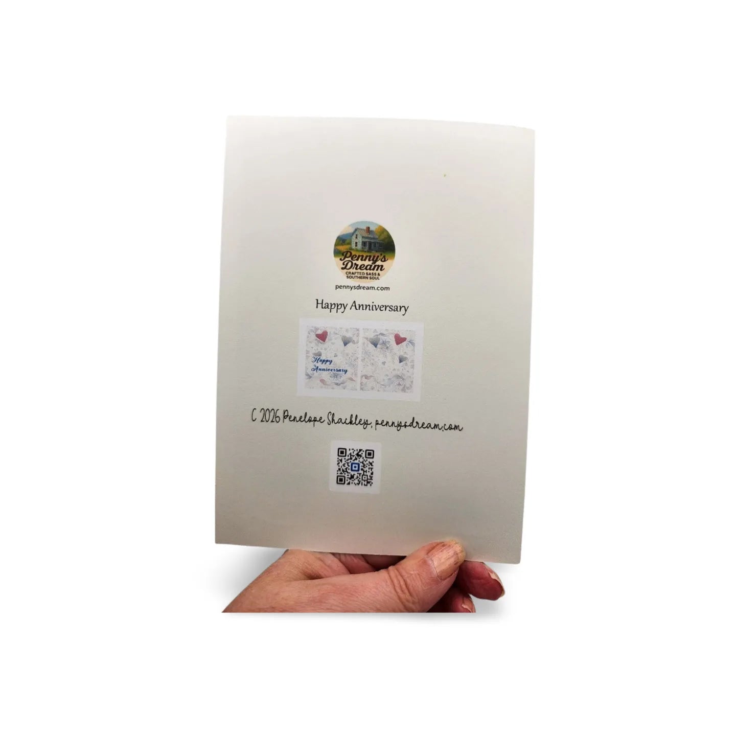 Hand holding a white card with text and a logo on a white background