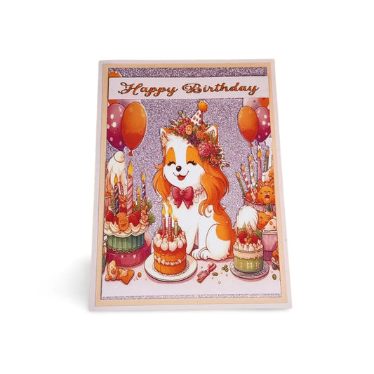 Birthday card with a cartoon dog celebrating a birthday, surrounded by balloons and cakes.
