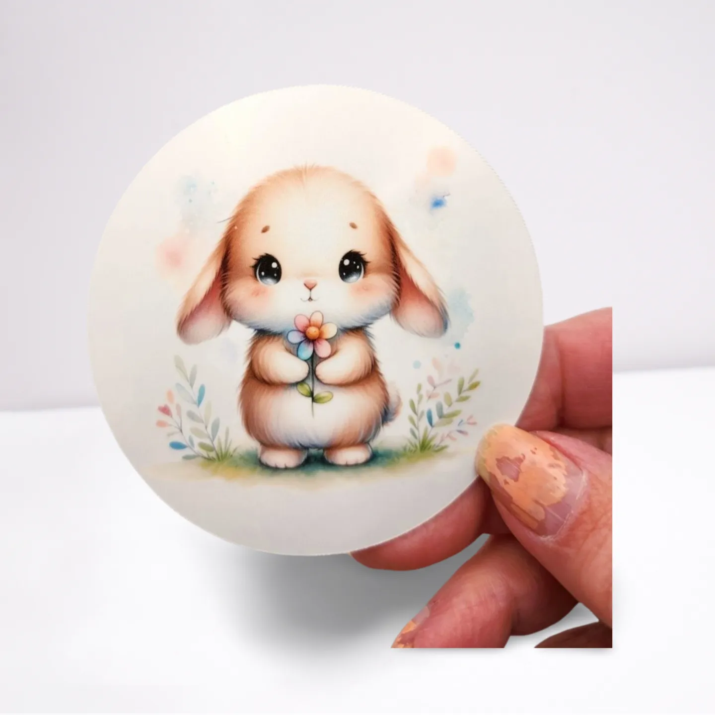 Round object with a cute bunny illustration held by a hand on a white background