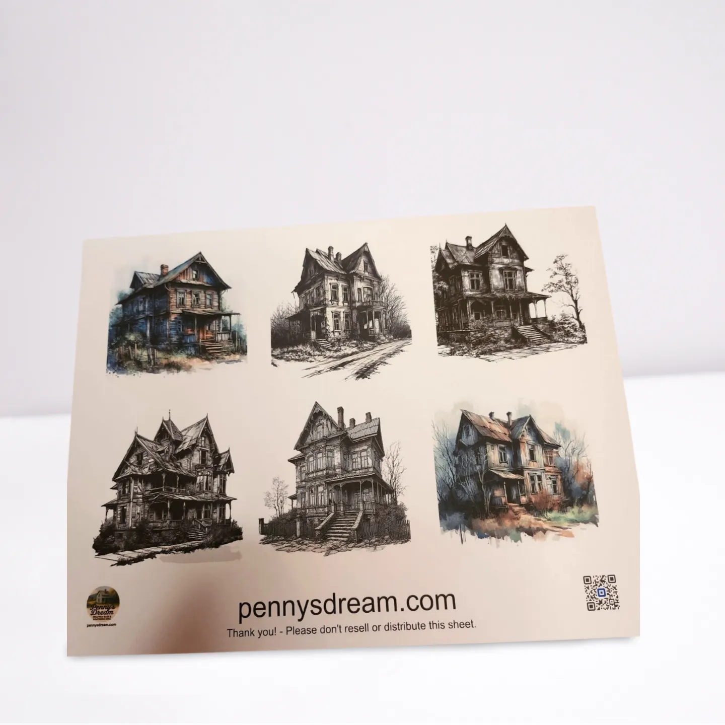 Sheet of house illustrations with 'pennysdream.com' branding on a white background