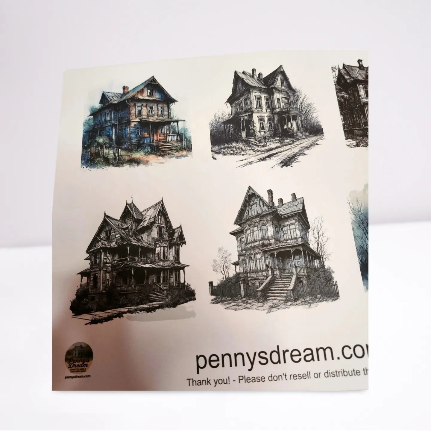 Sheet of house illustrations with 'pennysdream.com' branding on a white background