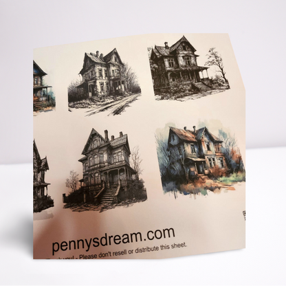 Sheet of house illustrations with 'pennysdream.com' branding on a white background
