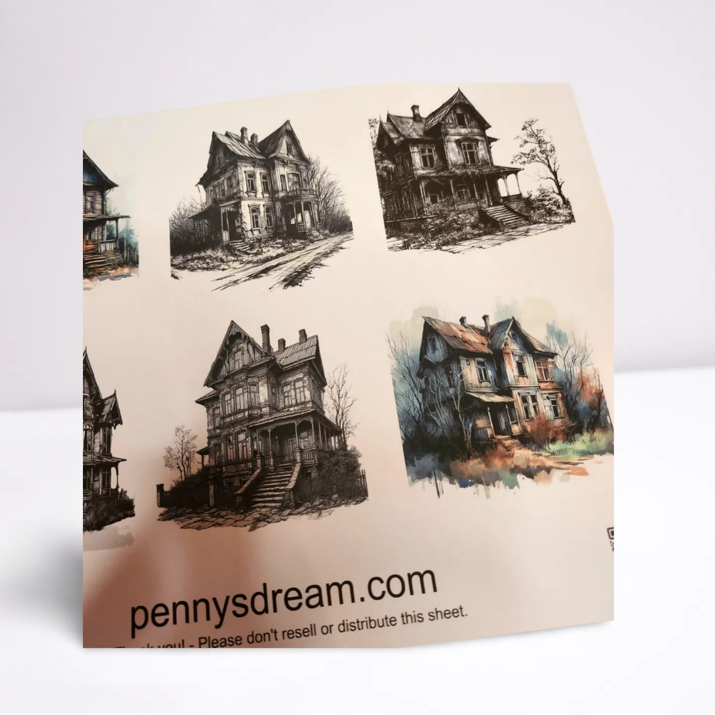 Sheet of house illustrations with 'pennysdream.com' branding on a white background