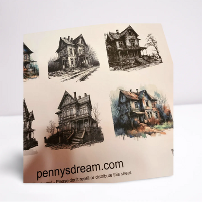 Sheet of house illustrations with 'pennysdream.com' branding on a white background