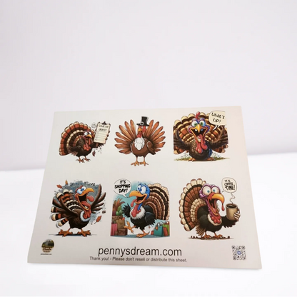 Sheet of cartoon turkeys with various expressions and activities on a white background.