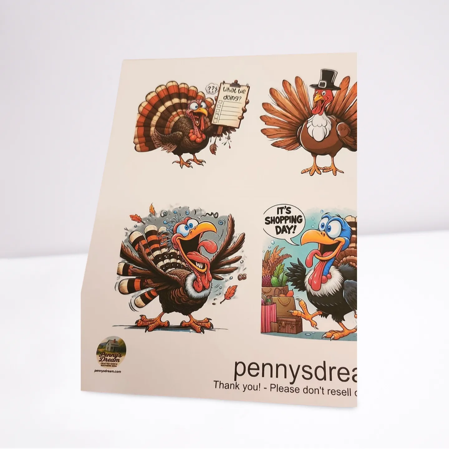 Card with cartoon turkeys and 'pennysdream' branding on a white background