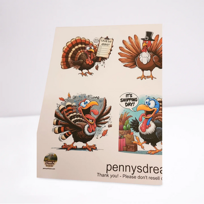 Card with cartoon turkeys and 'pennysdream' branding on a white background