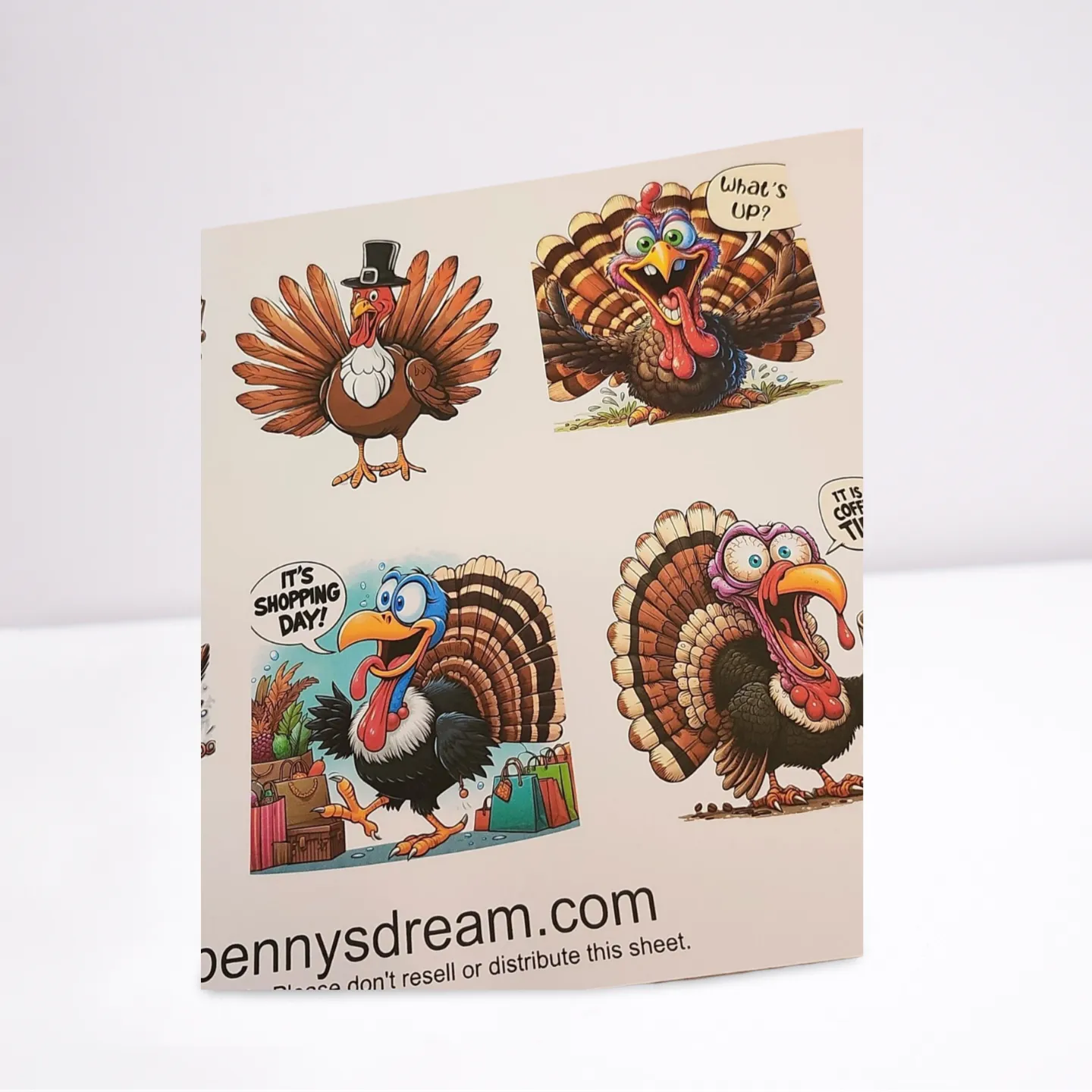 Sheet of cartoon turkey stickers with various poses on a white background