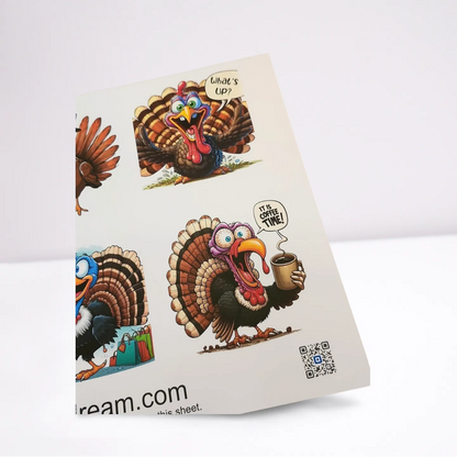 Turkey-themed product packaging with cartoon turkeys and a QR code on a white background