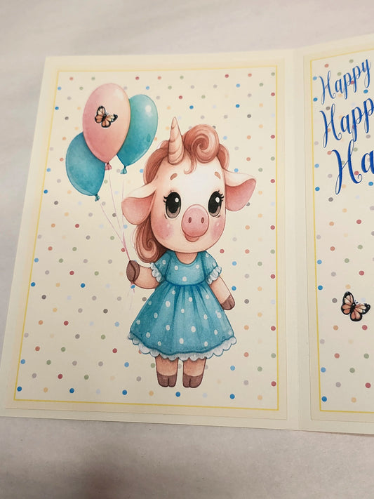 Illustration of a unicorn girl with balloons on a polka dot background