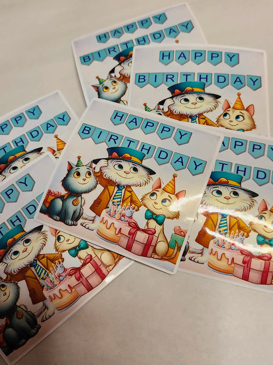 Set of birthday-themed stickers with cartoon characters on a neutral background