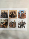 Set of illustrations of a person at a desk in various settings