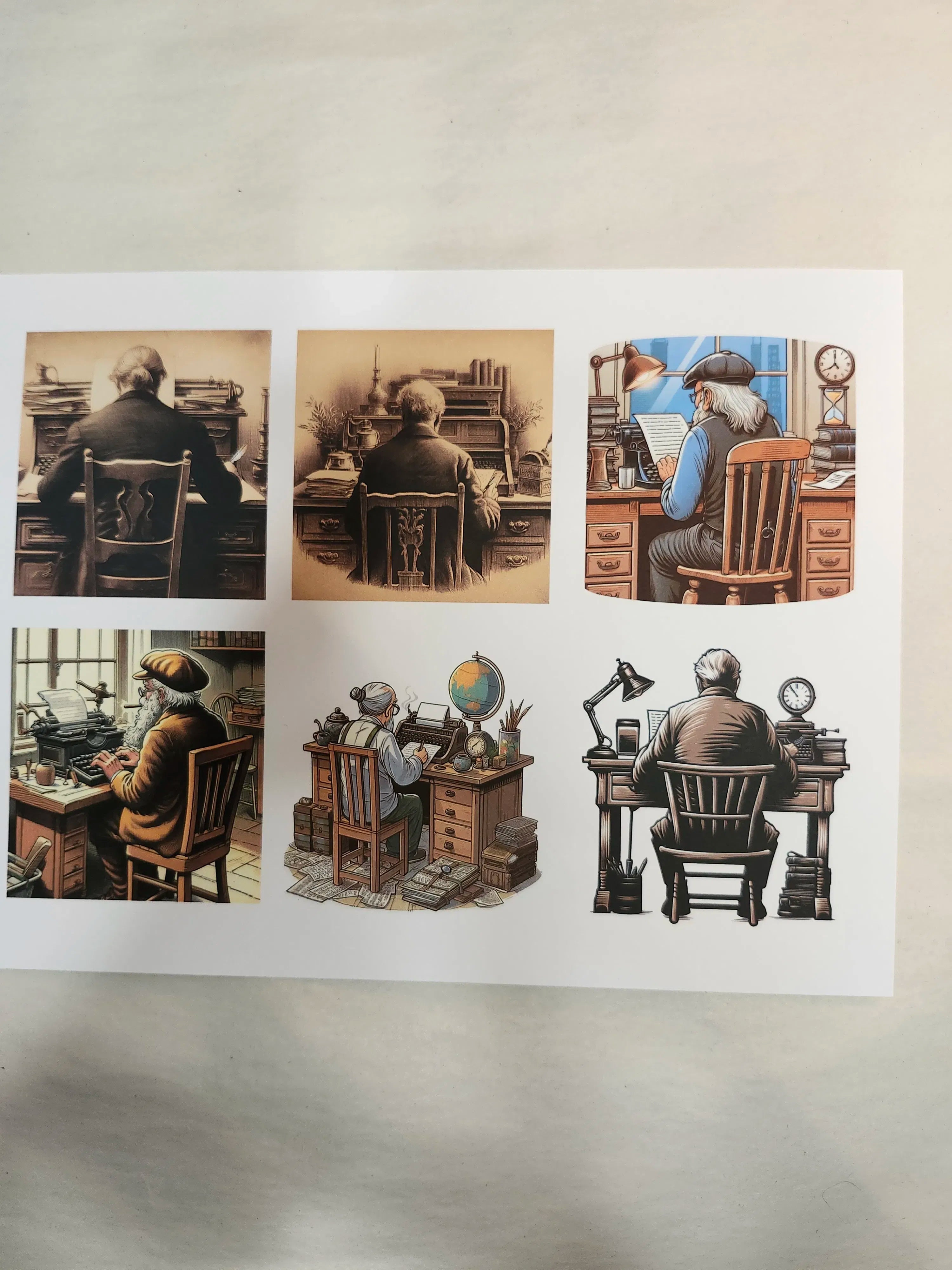 Set of illustrations of a person at a desk in various settings