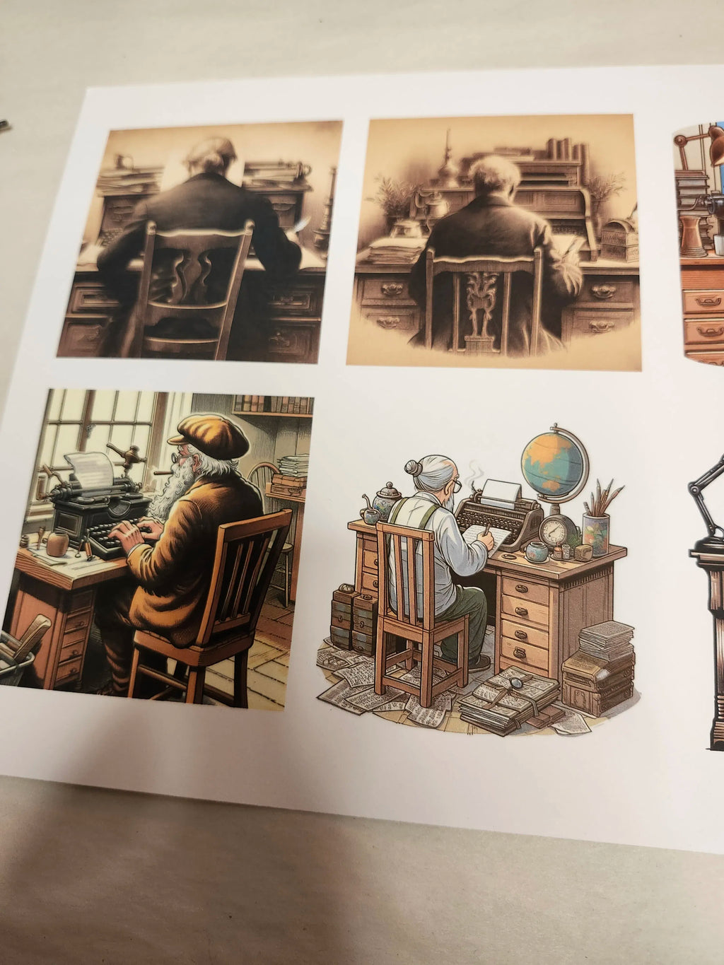 Illustrations of a man working at a desk with books and a typewriter on a white background.