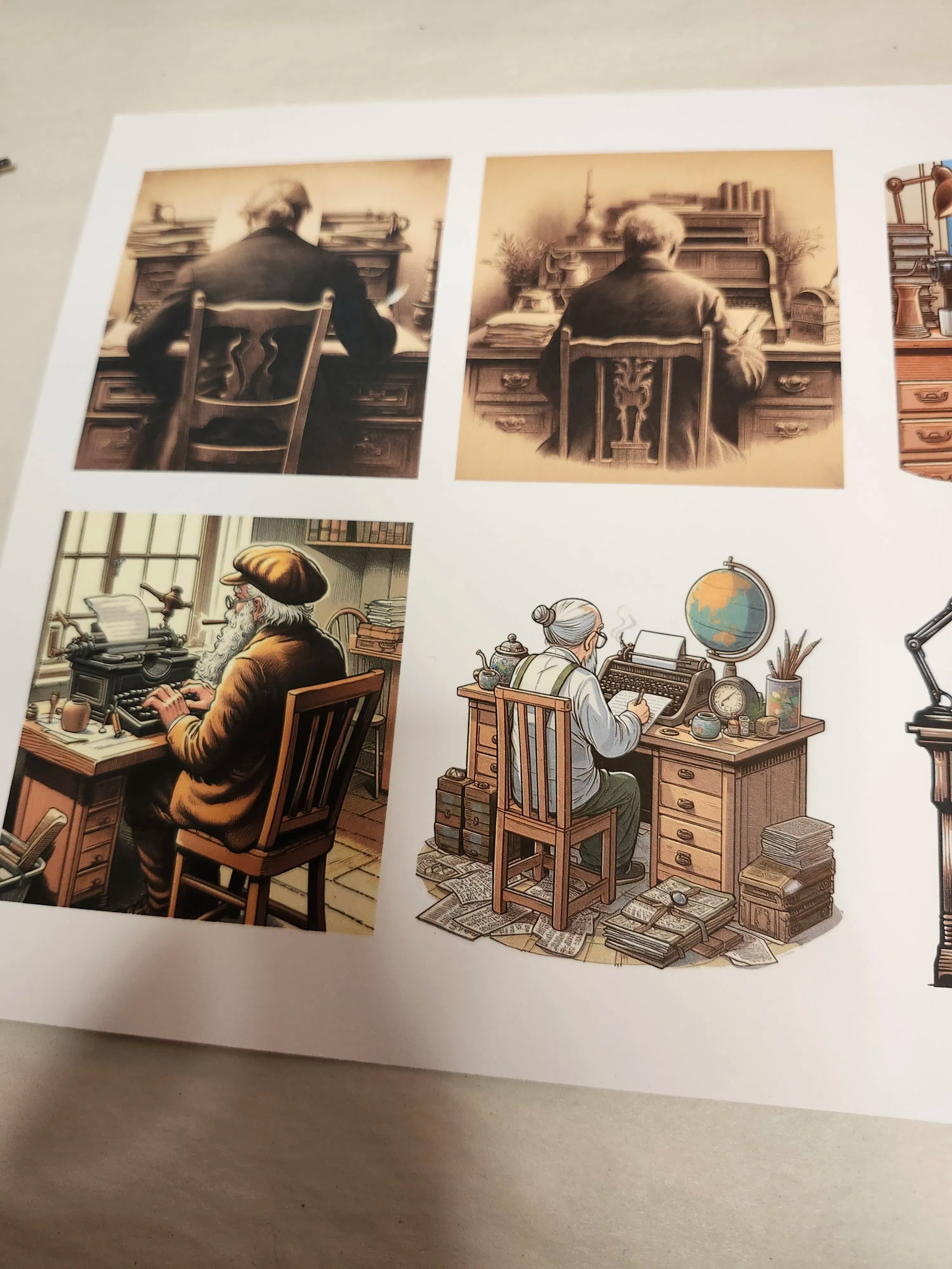 Illustrations of a man working at a desk with books and a typewriter on a white background.