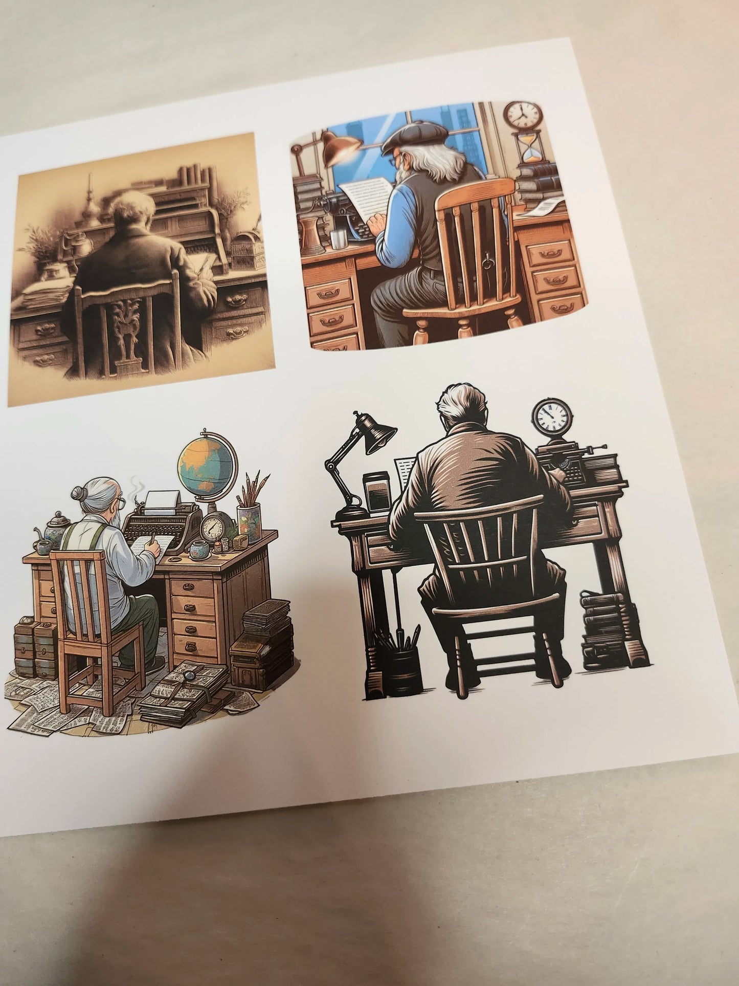 Illustrations of a man at a desk with various items on a white background