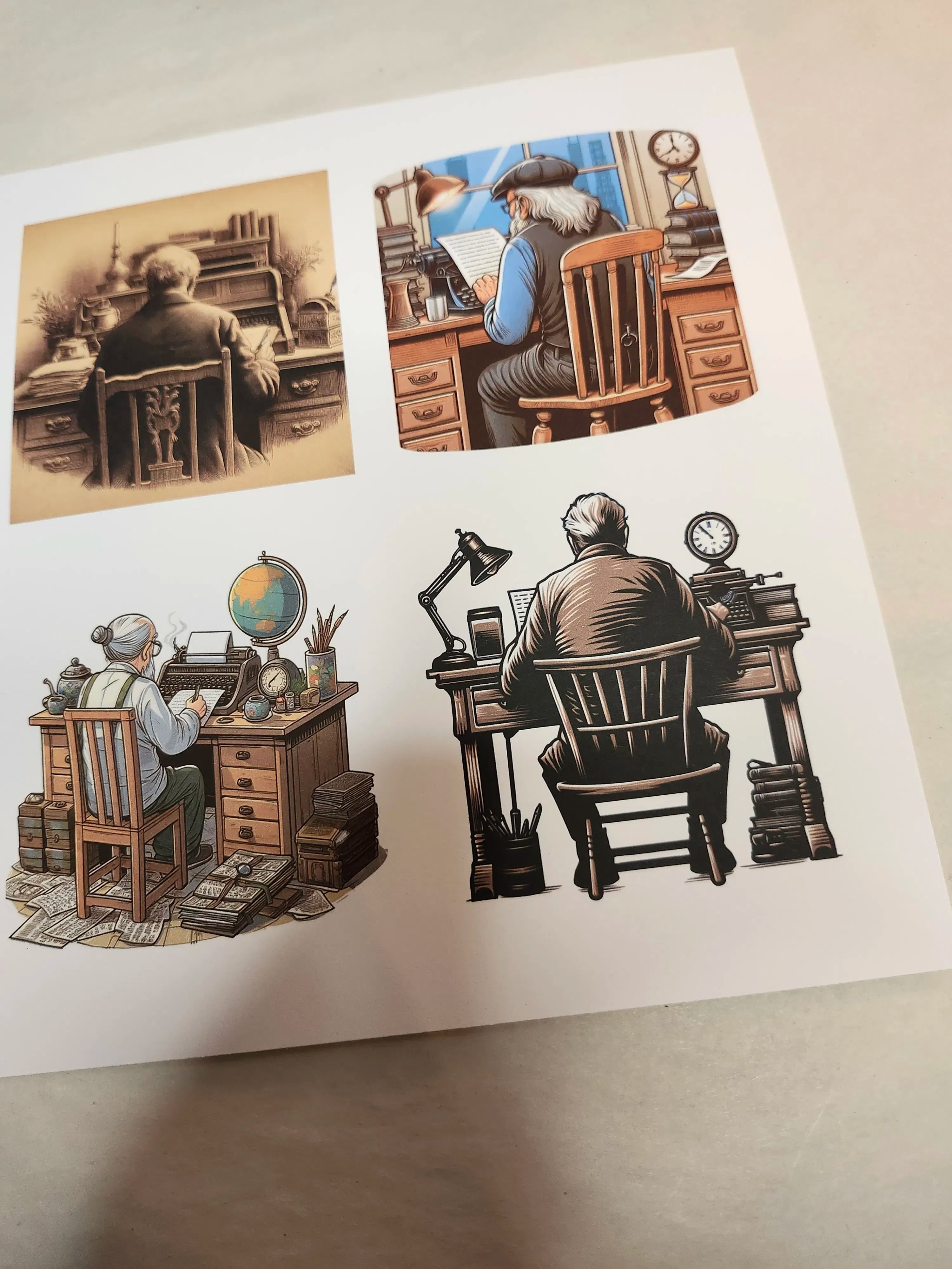 Illustrations of a man at a desk with various items on a white background