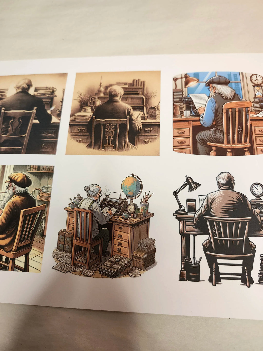 Set of illustrations showing a person at a desk in various settings.