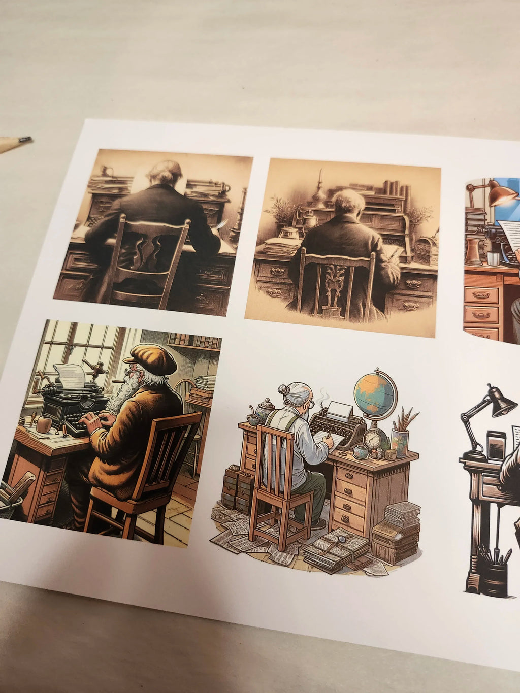 Set of illustrations of a man at a desk with various items on a white background