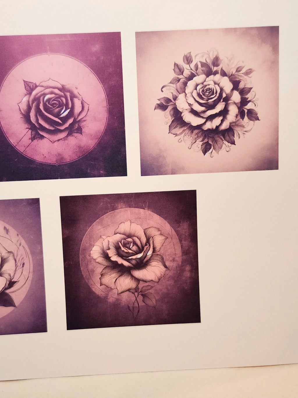 Four black and white rose illustrations on a textured paper background