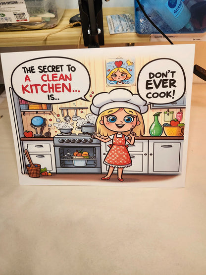 Cartoon card with a character in a kitchen and humorous text about cleaning a kitchen.