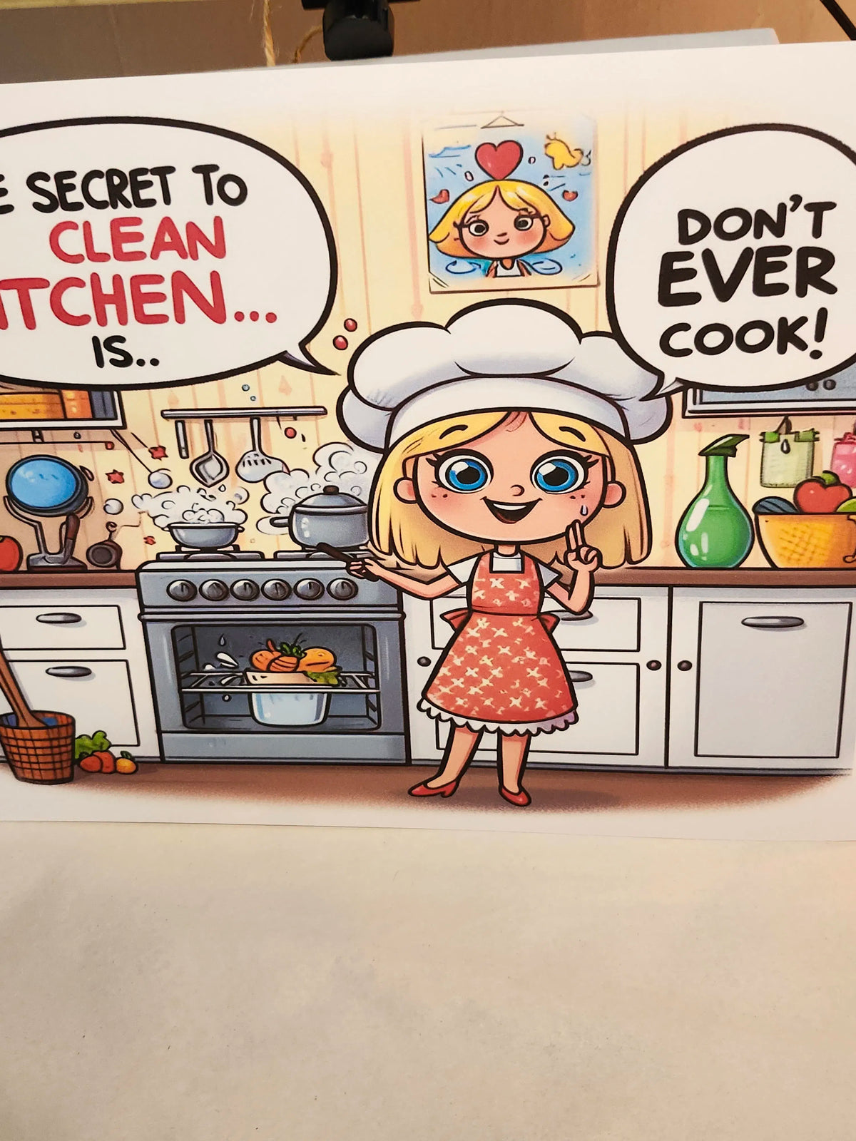 Cartoon character in a kitchen with humorous text about cleaning and cooking.