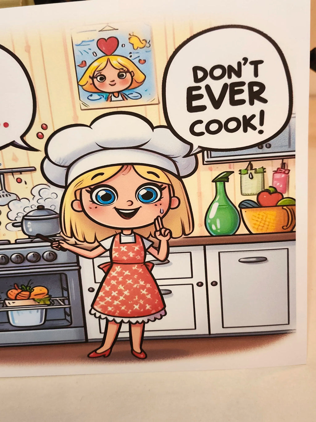 Cartoon character in a kitchen with a speech bubble saying 'Don't ever cook!'