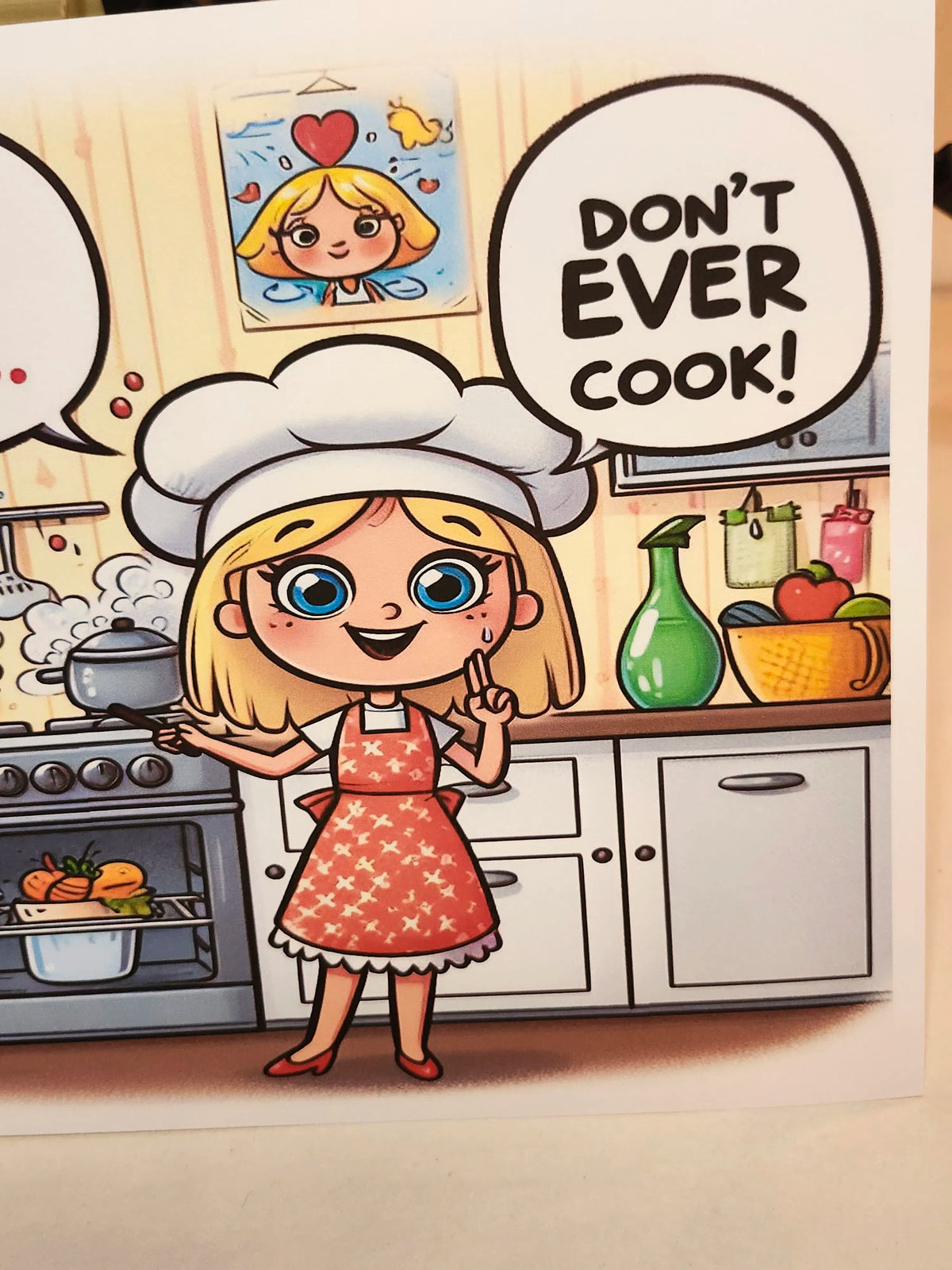 Cartoon character in a kitchen with a speech bubble saying 'Don't ever cook!'