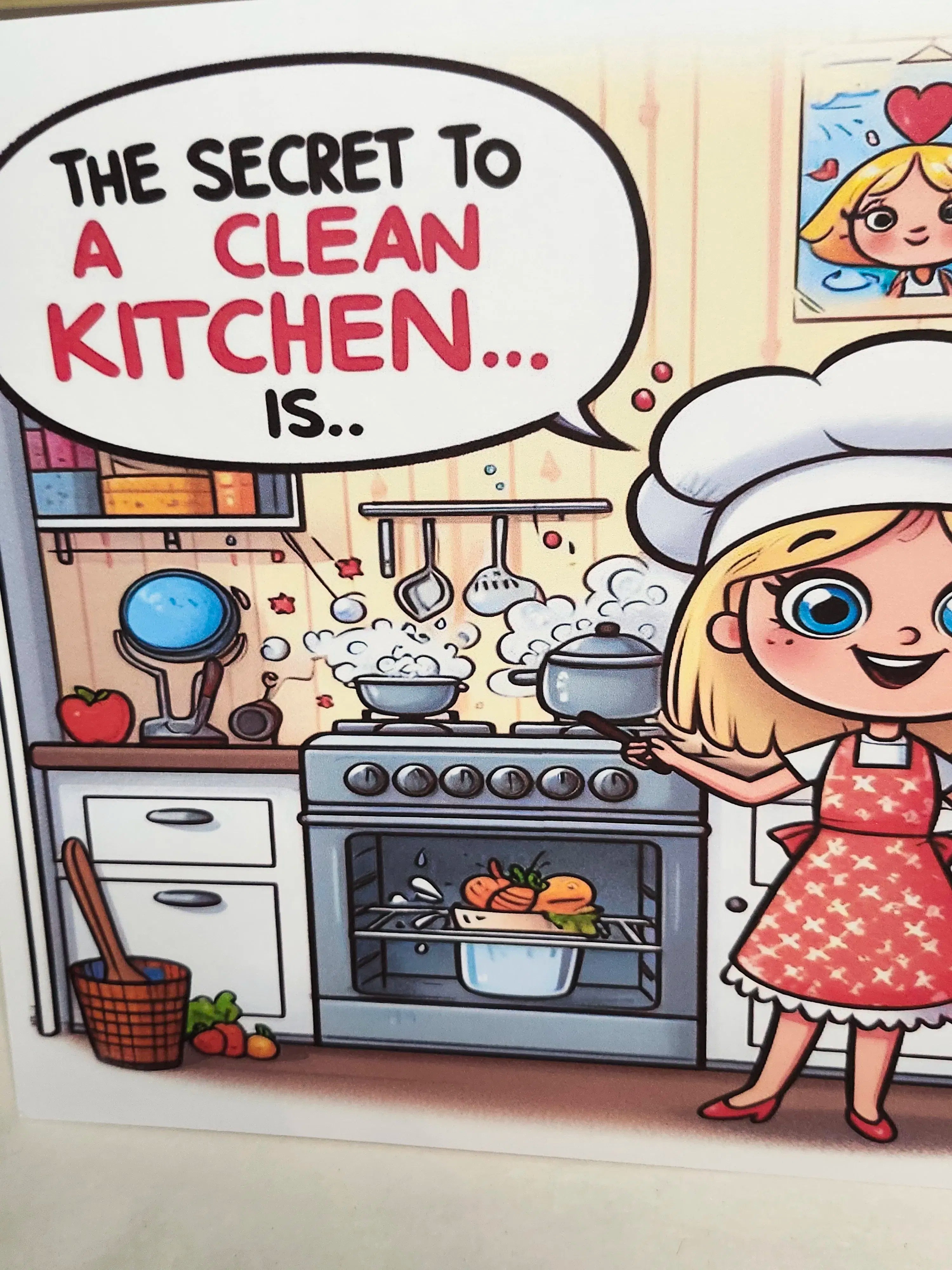 Cartoon character in a kitchen with text about cleaning
