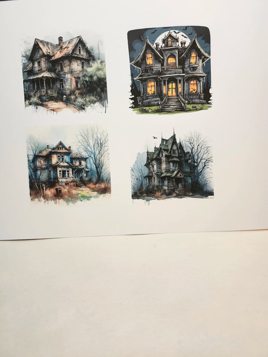Four illustrations of houses on a white background