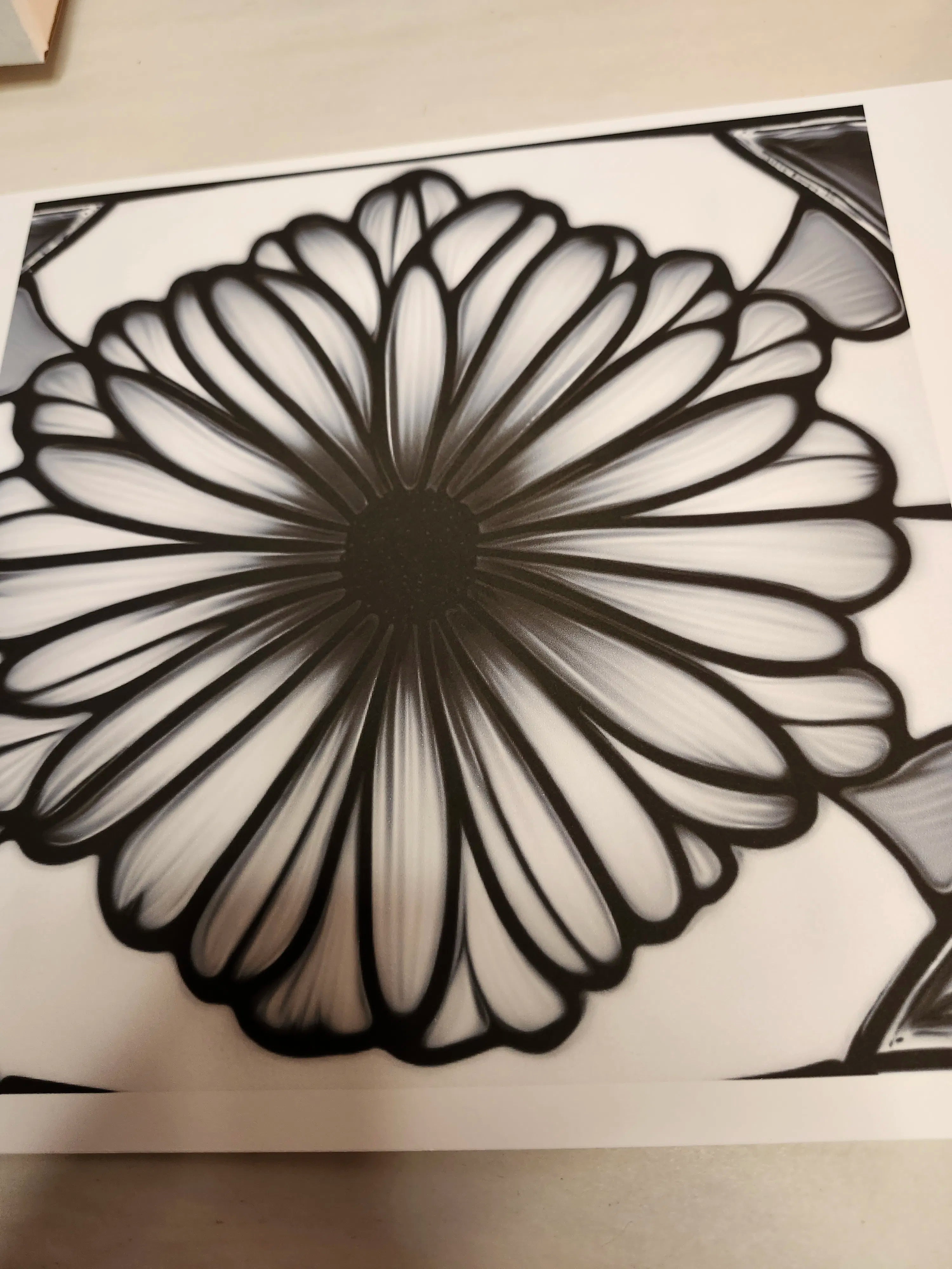 Black and white floral design on a textured surface