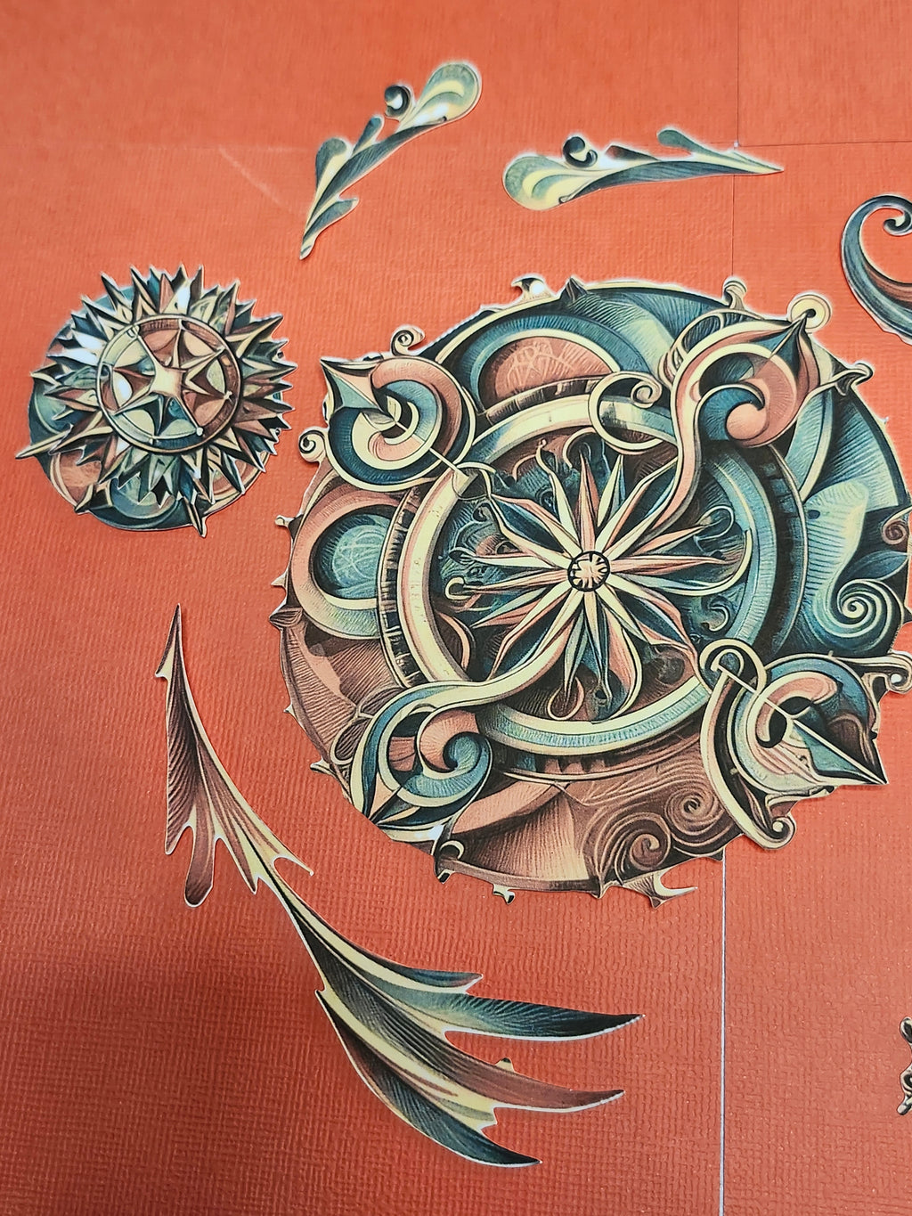 Decorative design with intricate patterns on a red-brown background