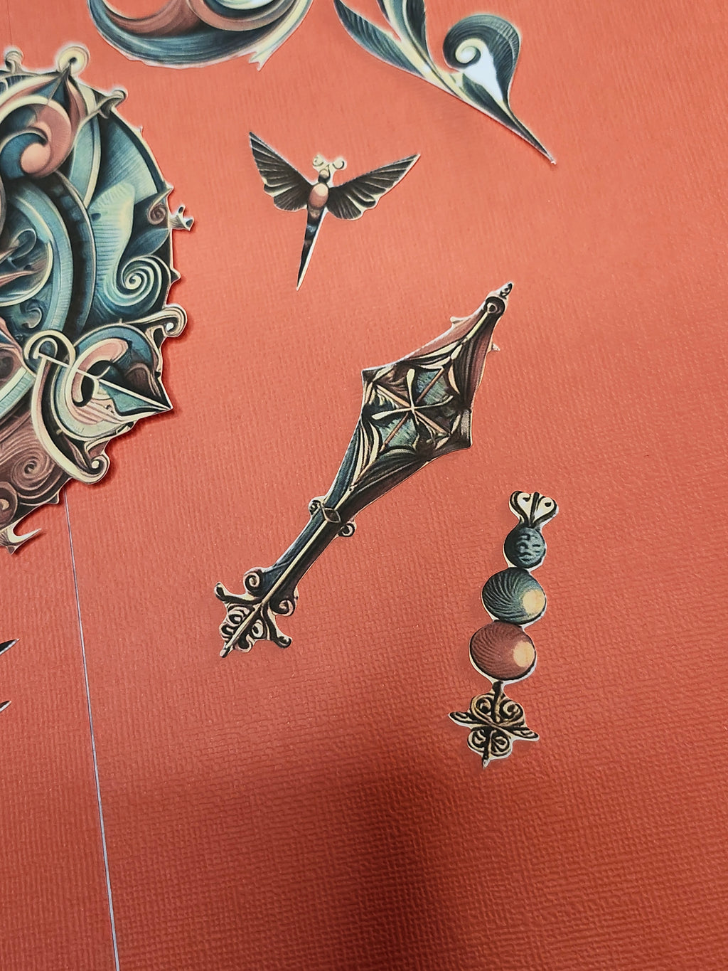 Decorative key and bird illustrations on a textured brown background