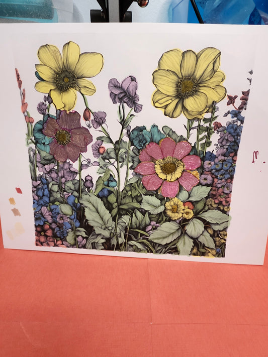 Colorful floral design on a white sheet of paper with a pink background