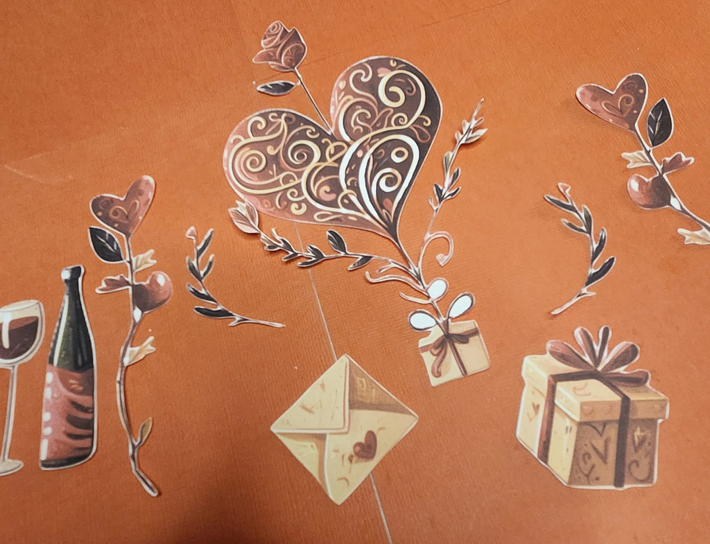 Decorative elements including a heart, gift box, envelope, and bottle on an orange background