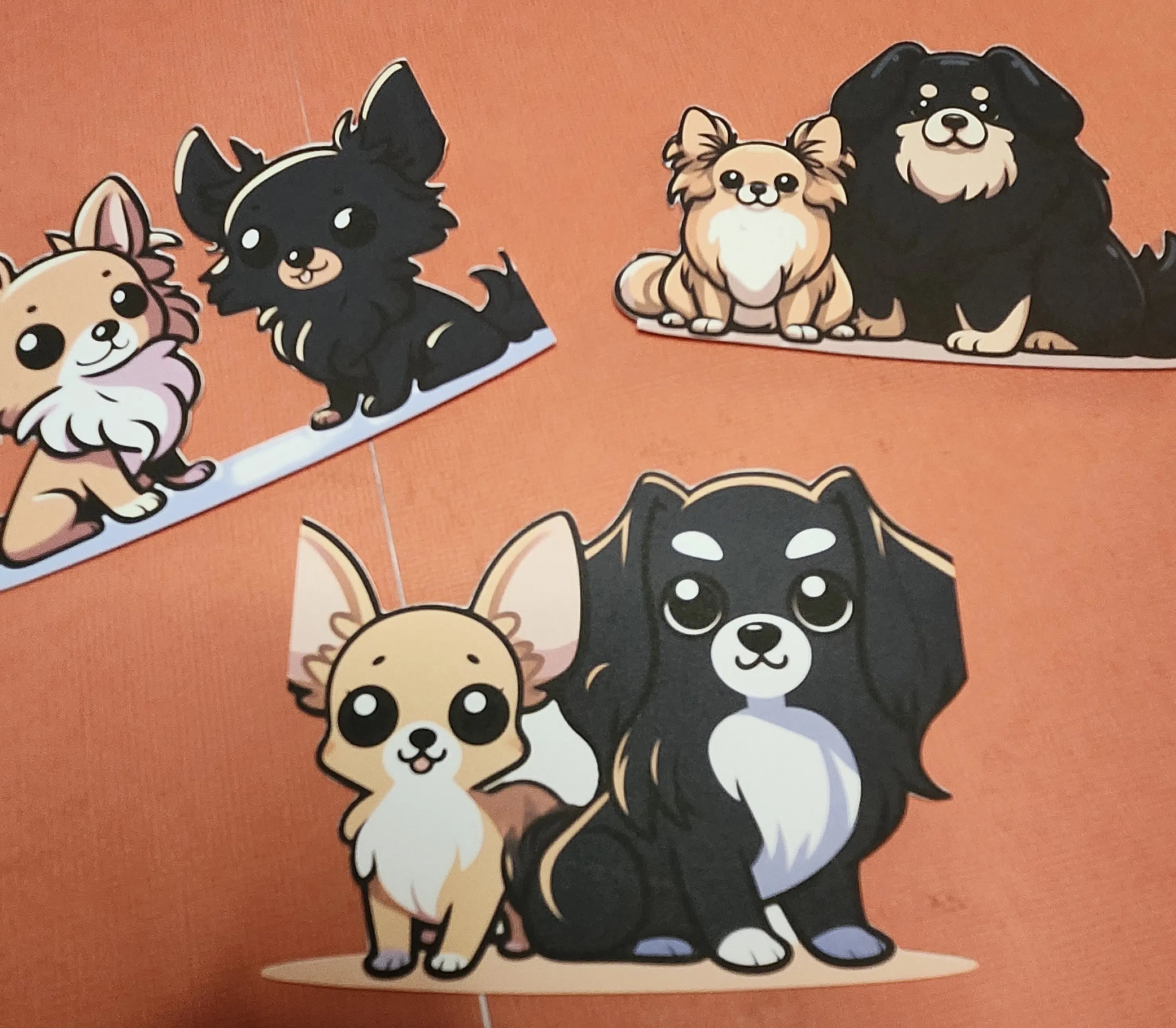 Cartoon-style illustrations of dogs on a brown background