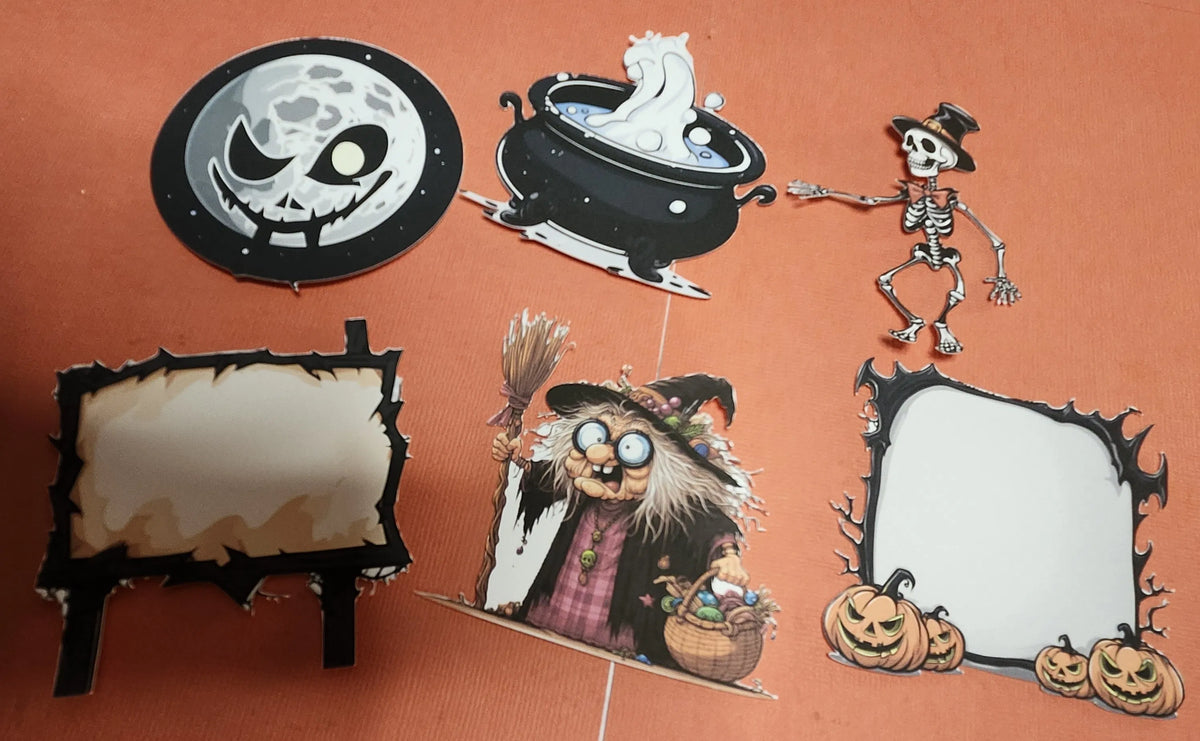 Halloween-themed decorations including a skeleton, witch, and pumpkins on an orange background.