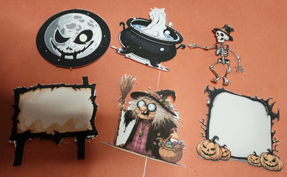 Halloween-themed decorations including a skeleton, witch, and pumpkins on an orange background.