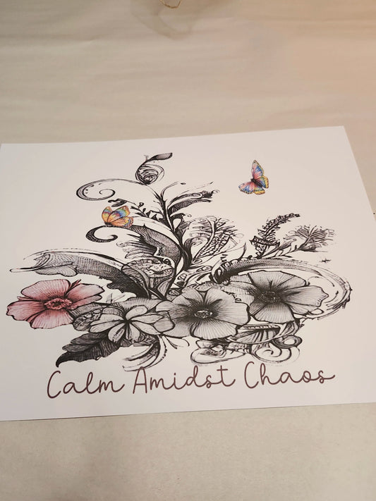 Floral illustration with butterflies and 'Calm Amidst Chaos' text on a white background