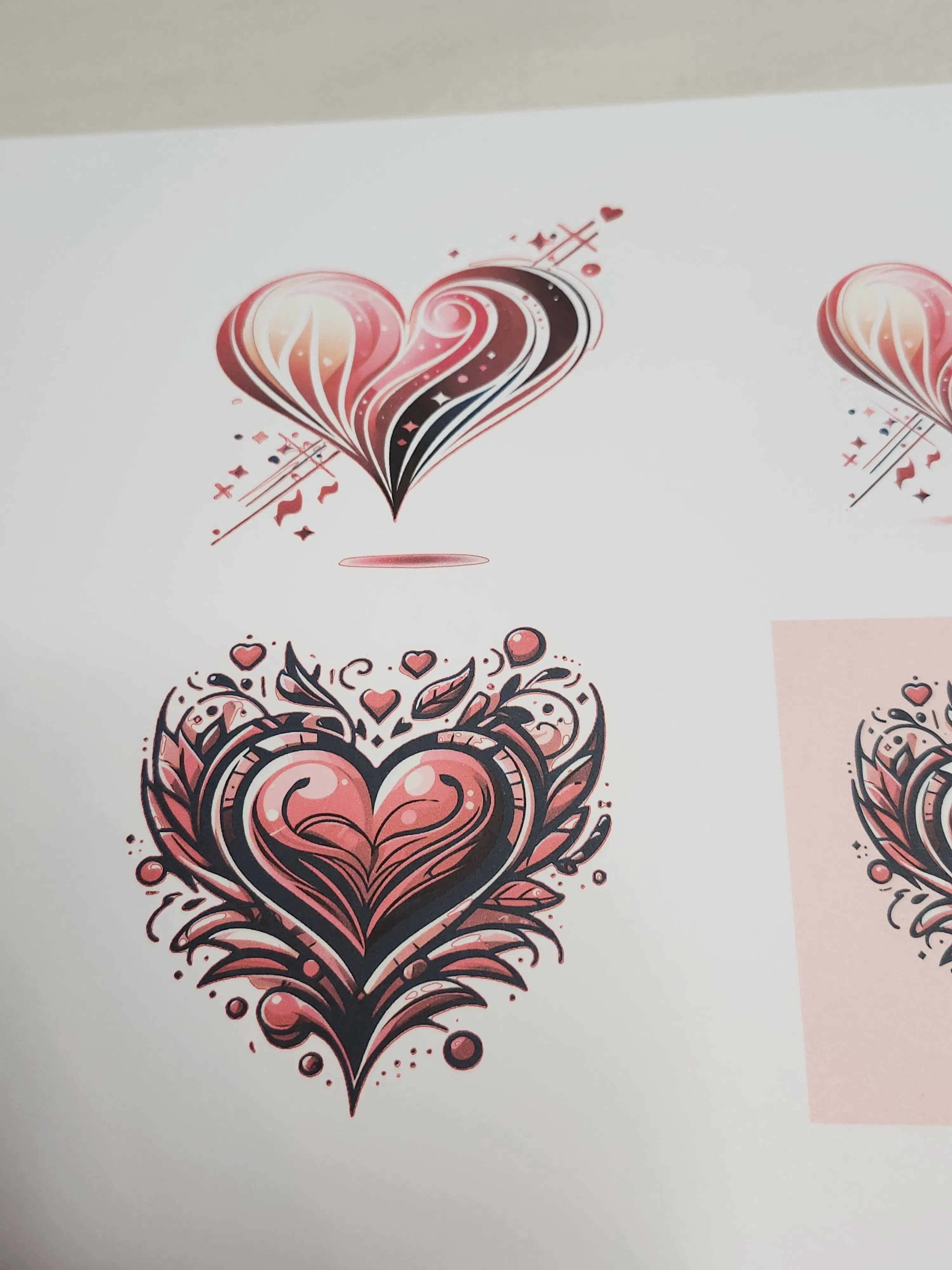 Heart-shaped tattoos with intricate designs on a white background