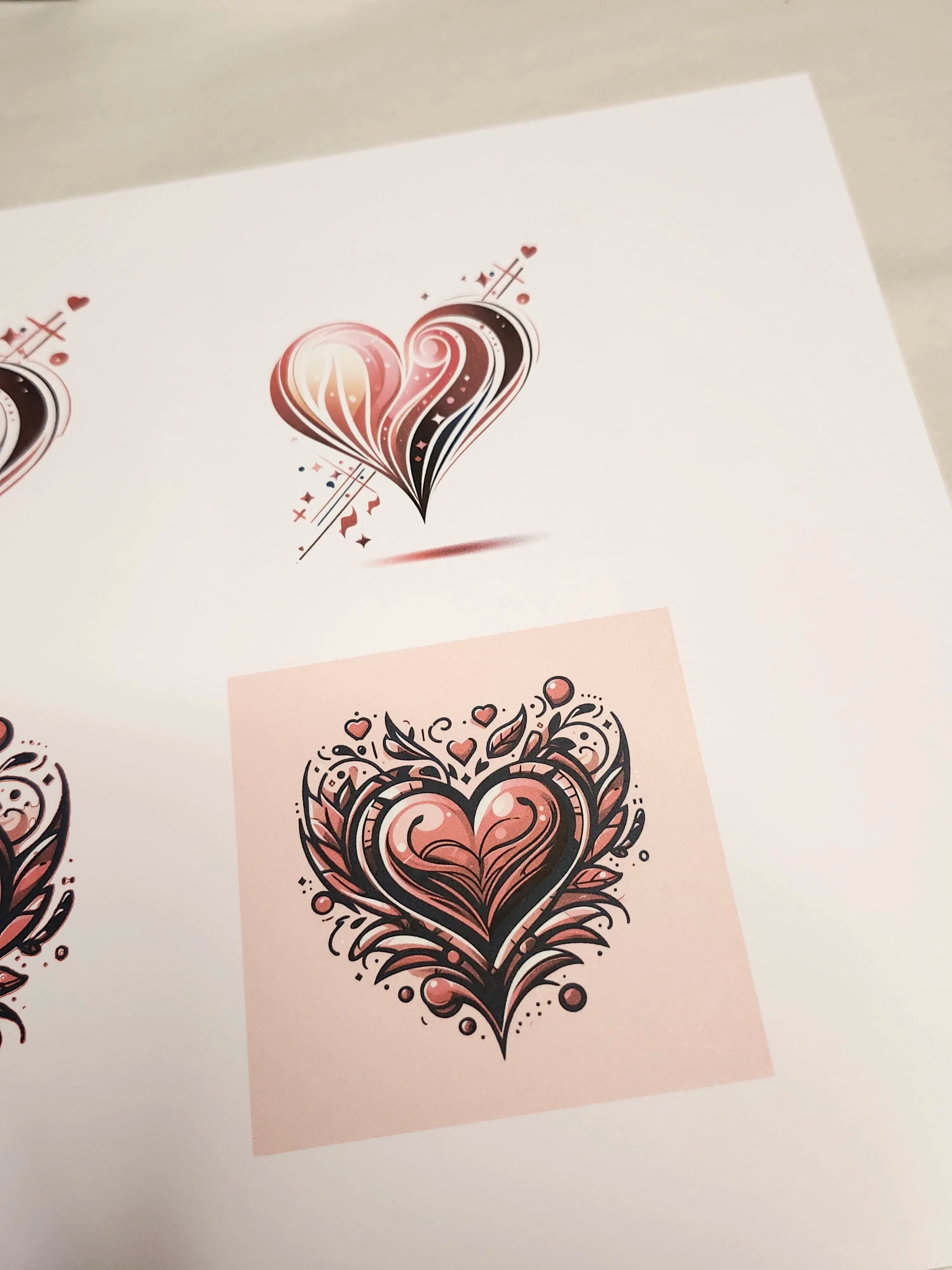 Decorative heart designs on a white surface