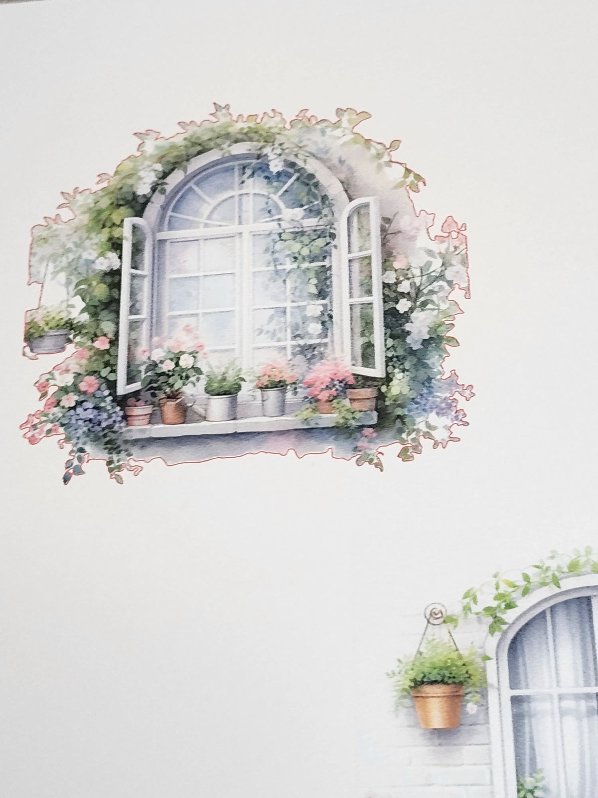 Decorative window with flowers and plants on a white background